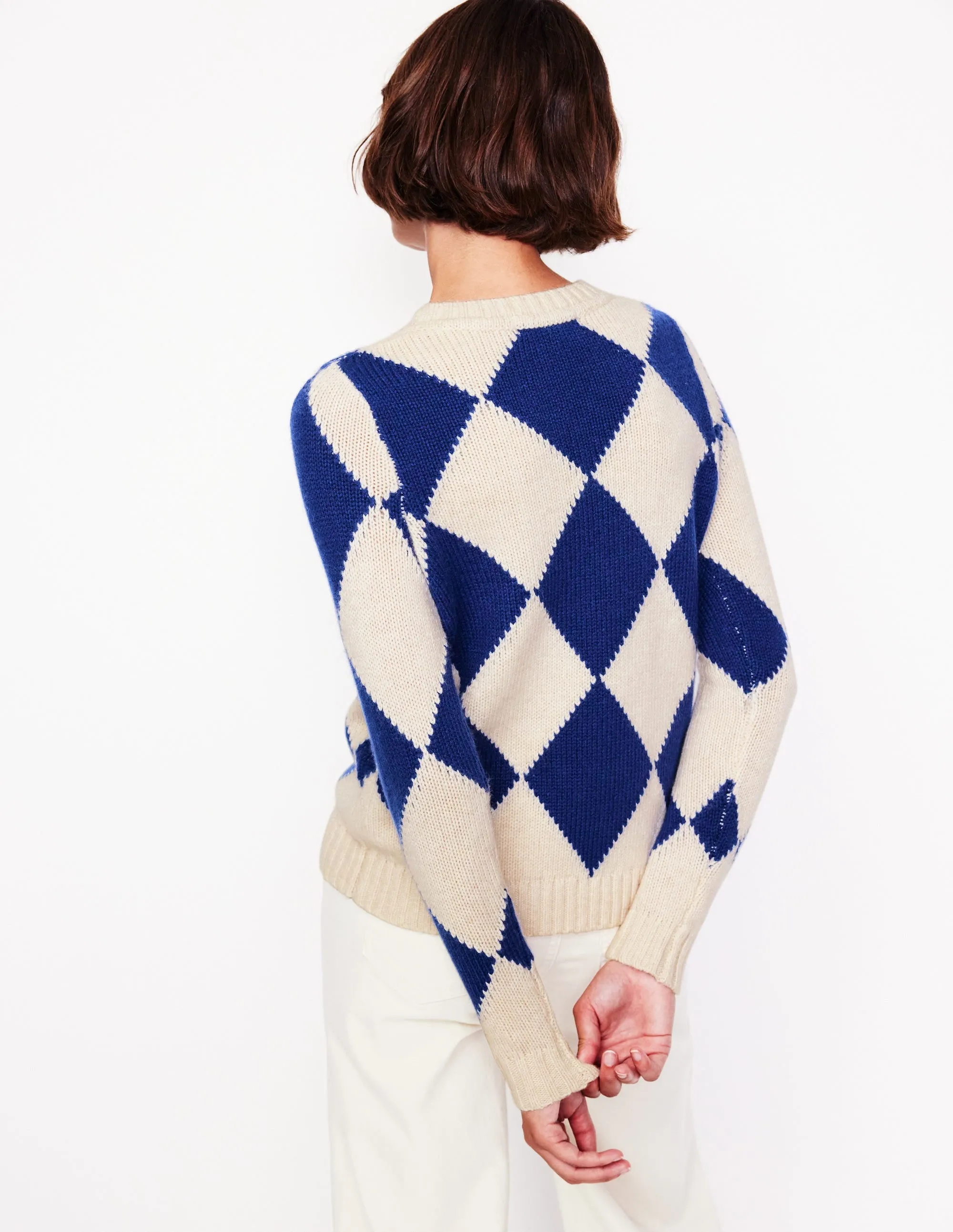 Argyle Crew Neck Jumper-Ecru Marl, Bright Blue