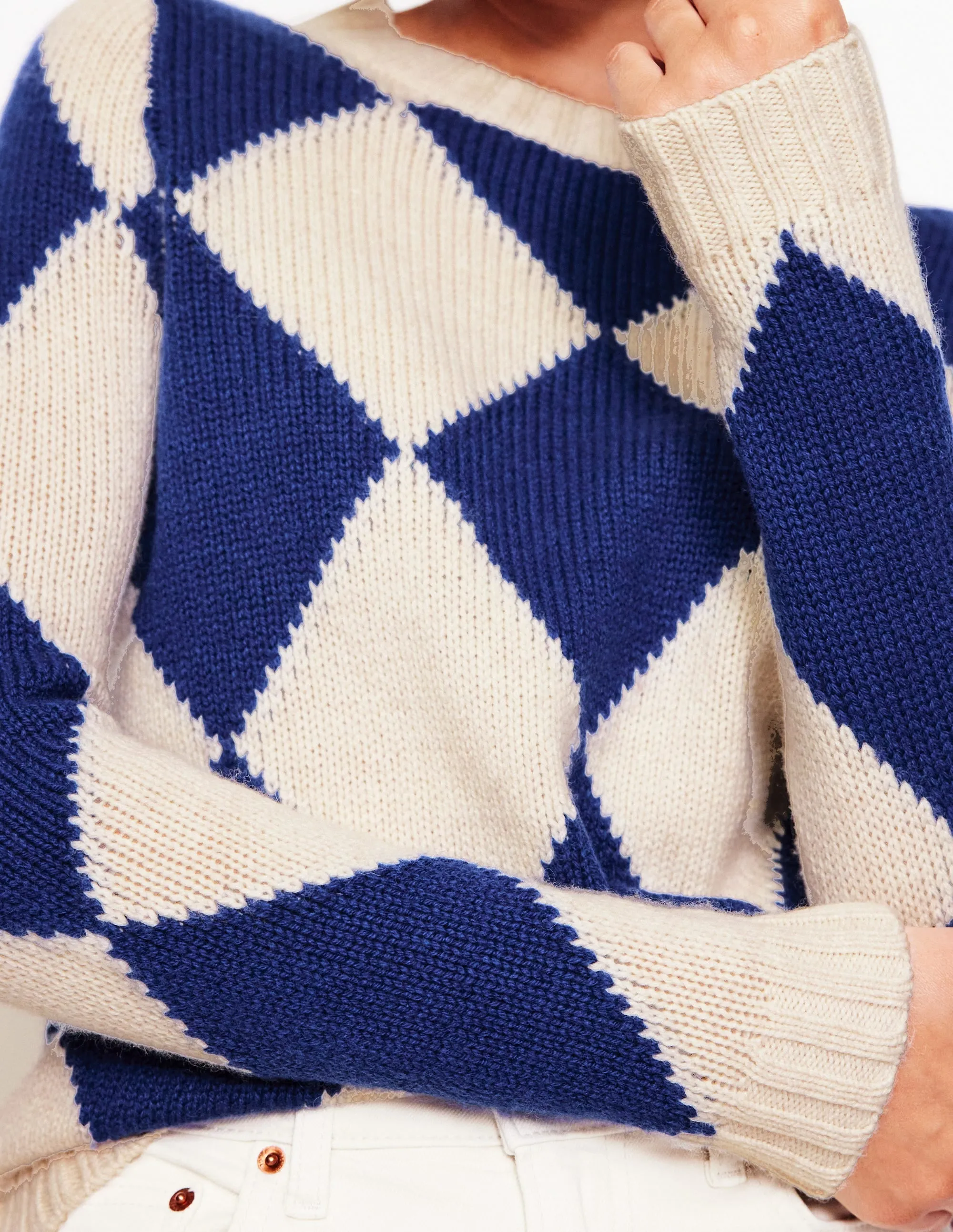 Argyle Crew Neck Jumper-Ecru Marl, Bright Blue