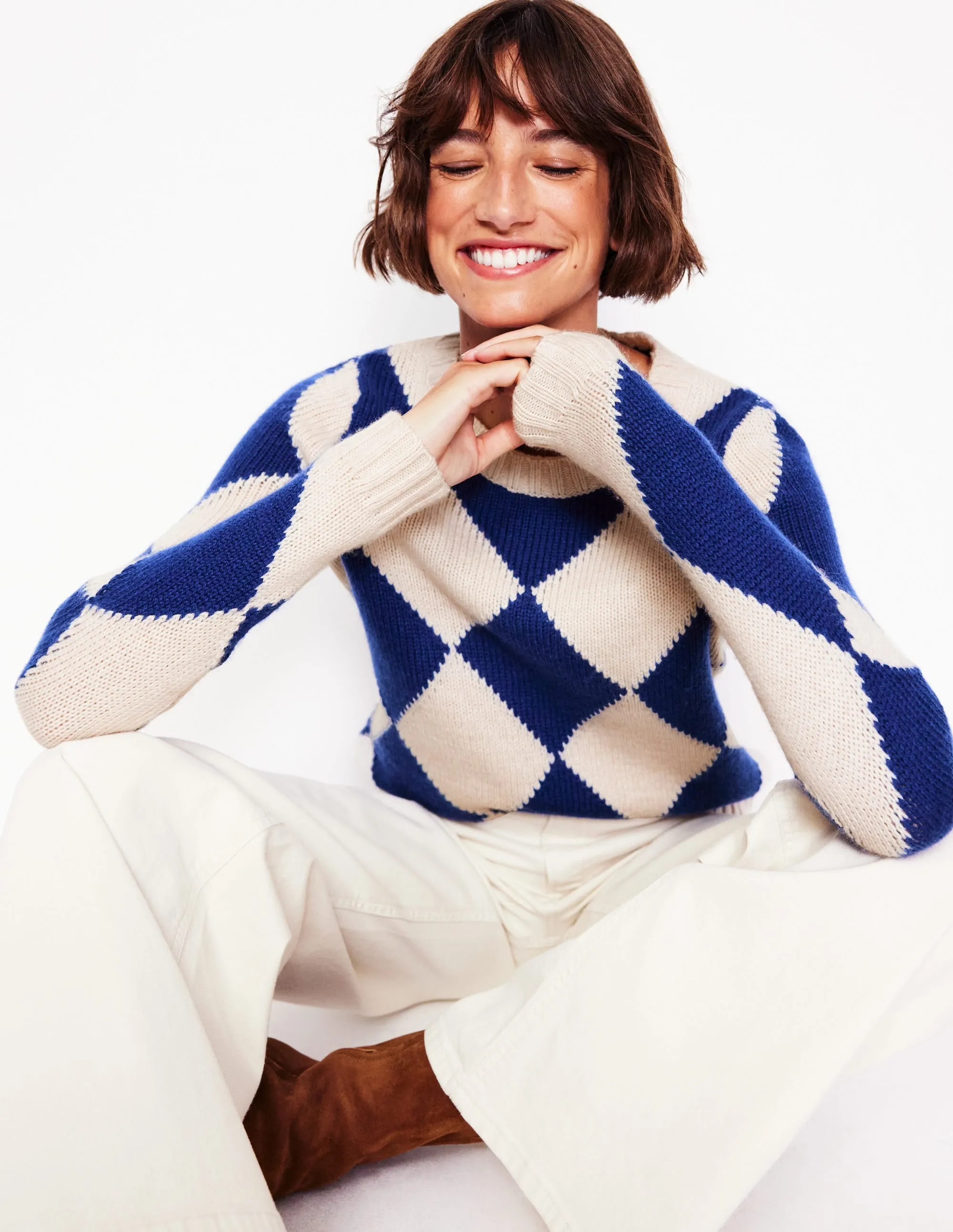 Argyle Crew Neck Jumper-Ecru Marl, Bright Blue