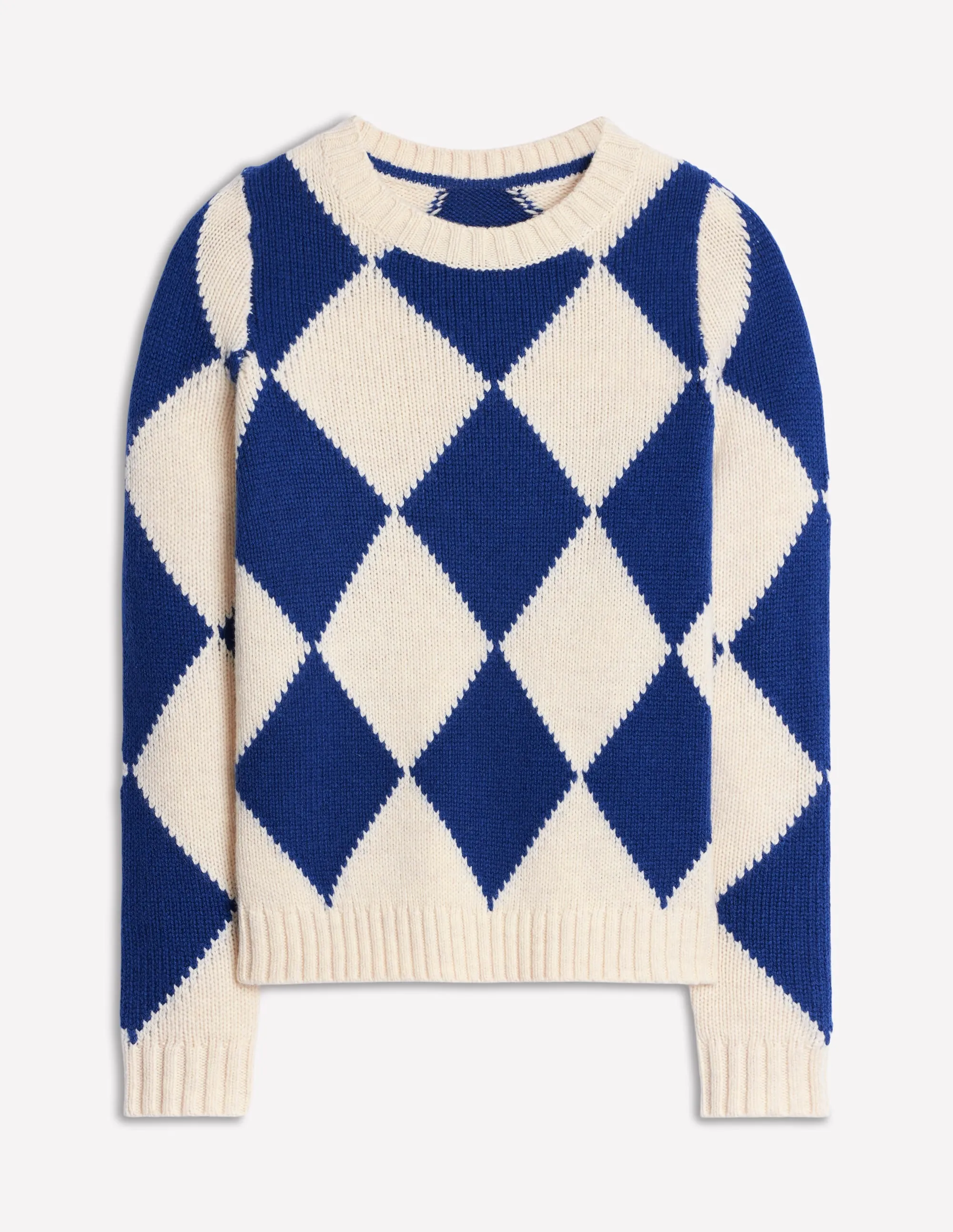 Argyle Crew Neck Jumper-Ecru Marl, Bright Blue