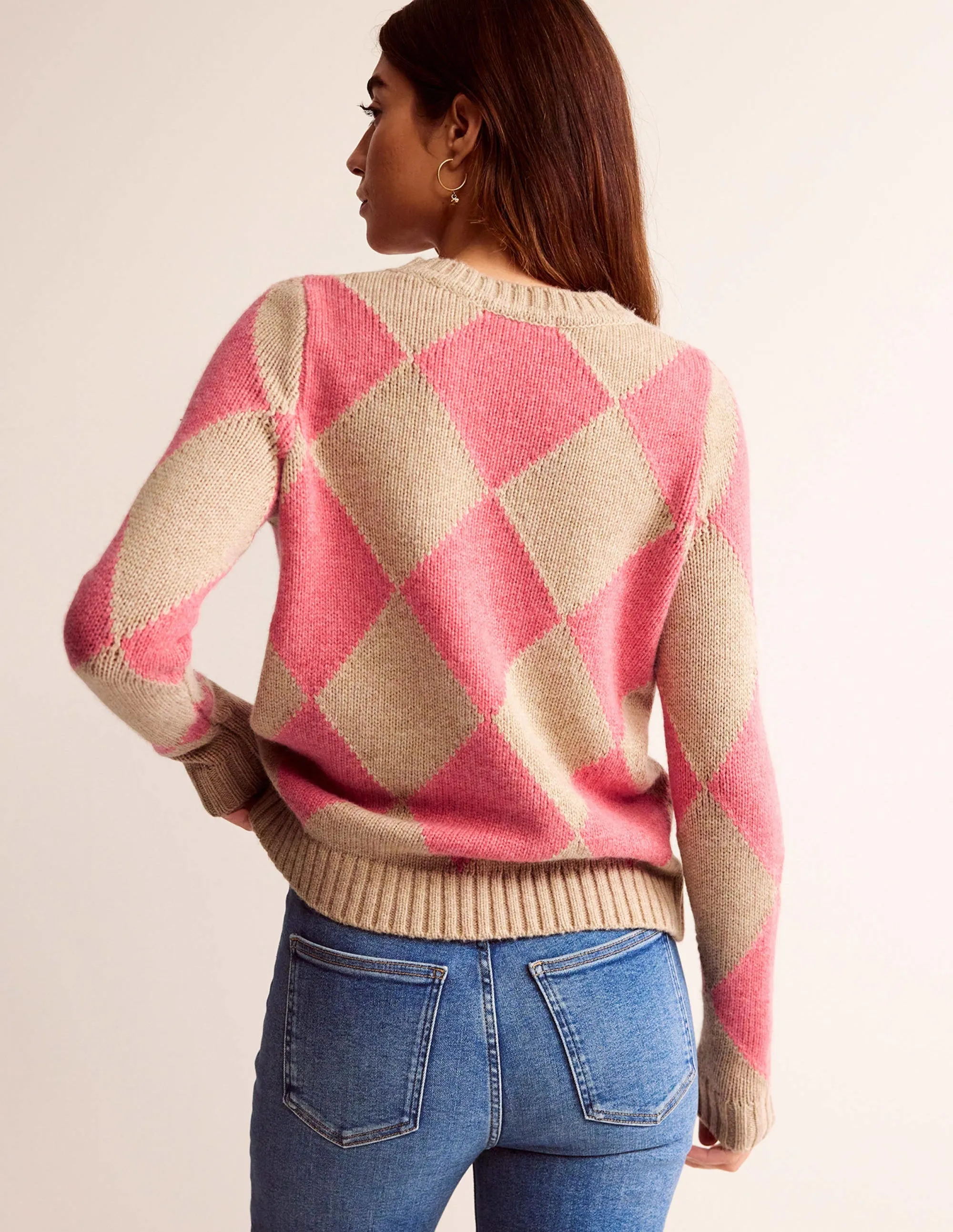 Argyle Crew Neck Jumper-Watermelon, Chinchilla Melange