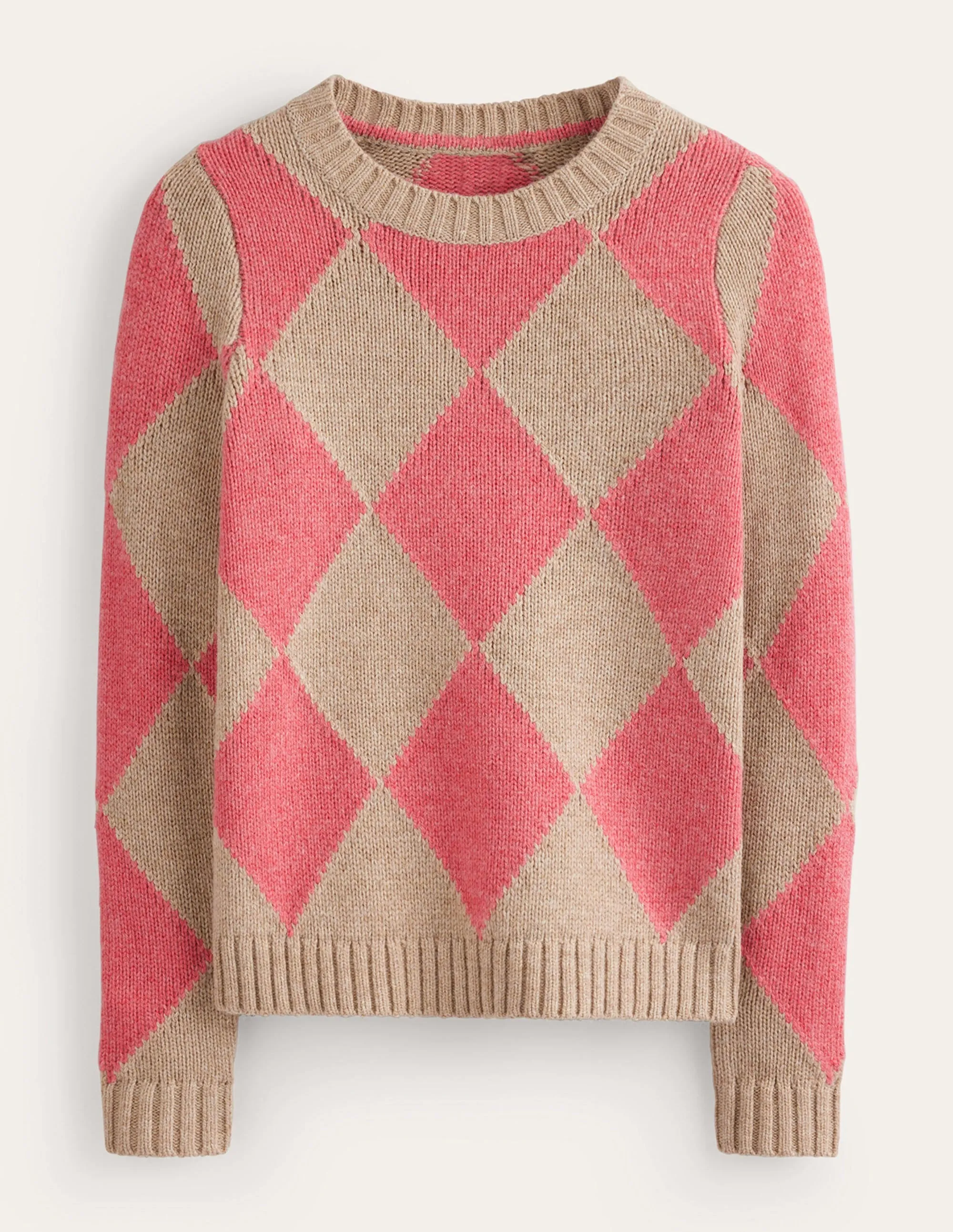 Argyle Crew Neck Jumper-Watermelon, Chinchilla Melange