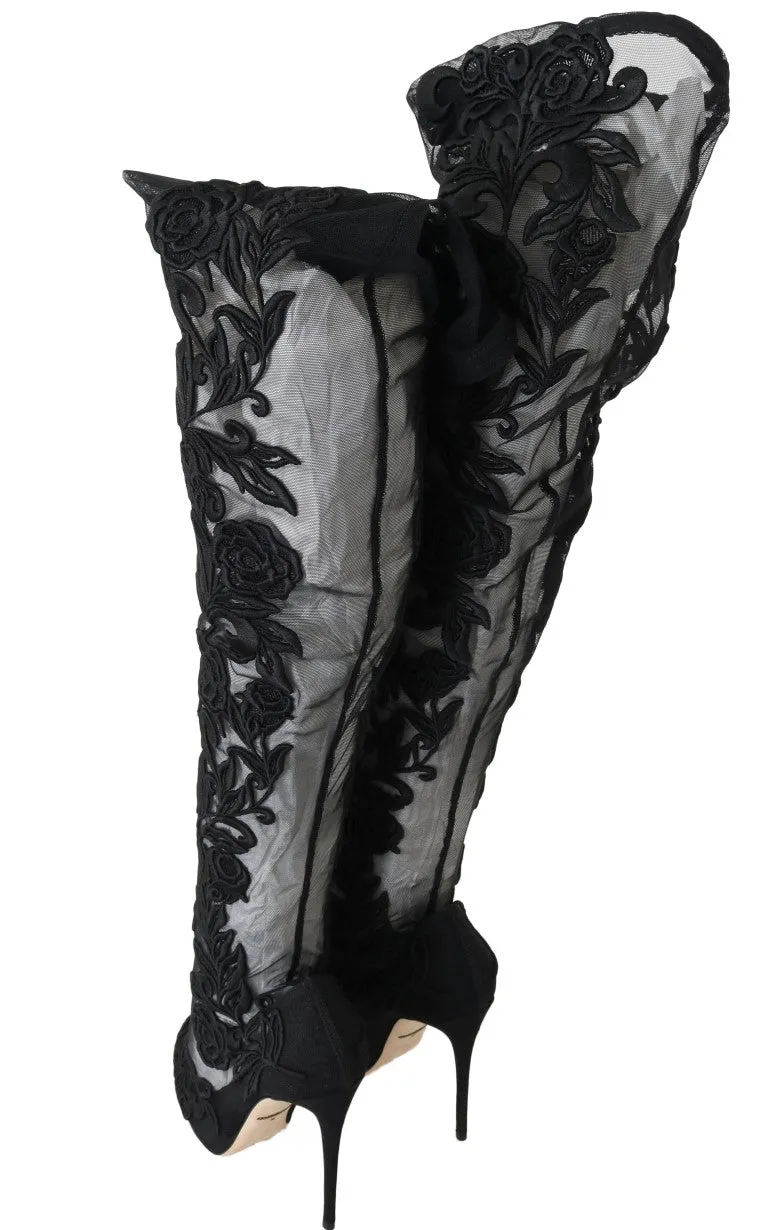 Black Floral Embroidered Socks Boots