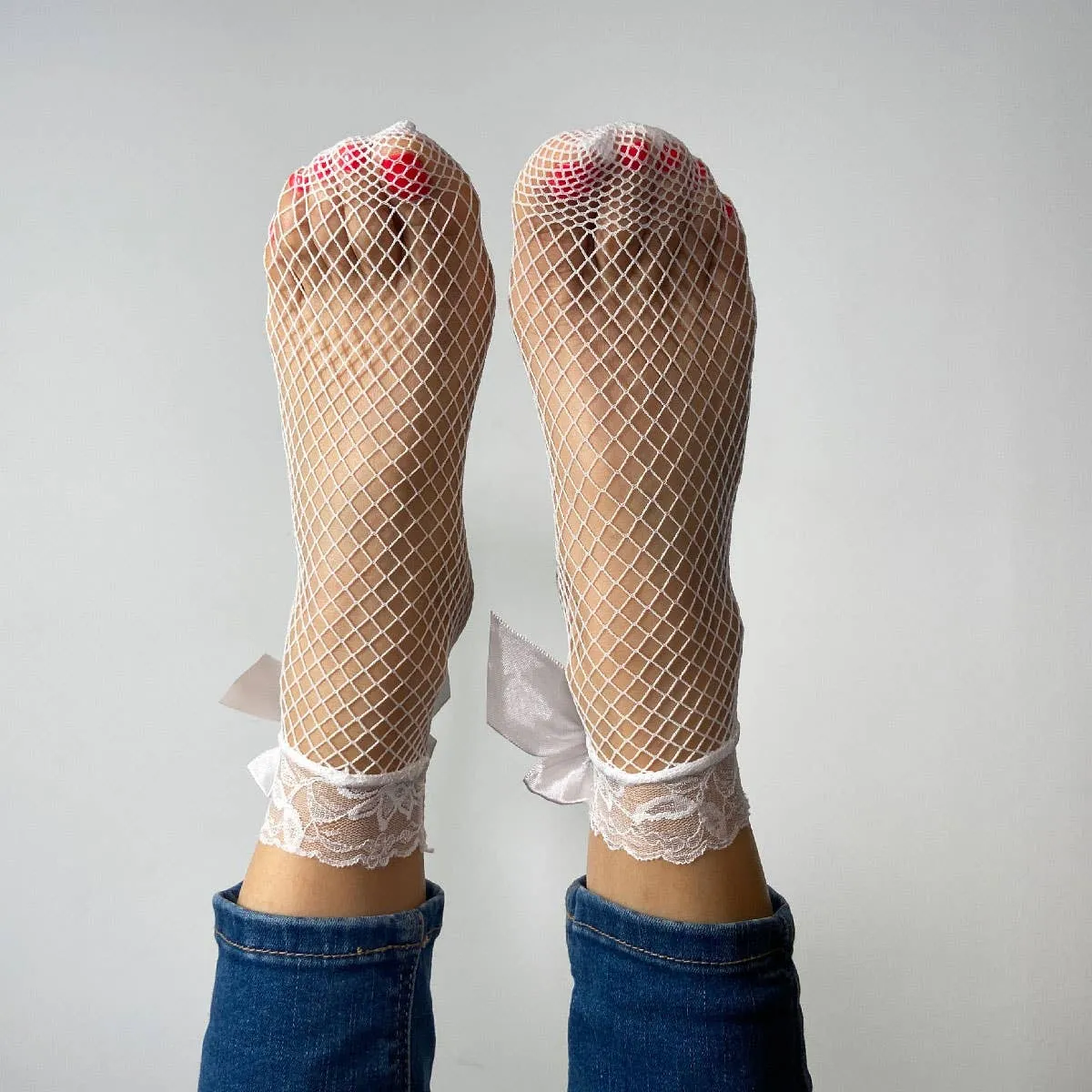 Candice fishnet and lace ankle socks: White