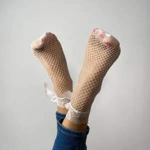 Candice fishnet and lace ankle socks: White